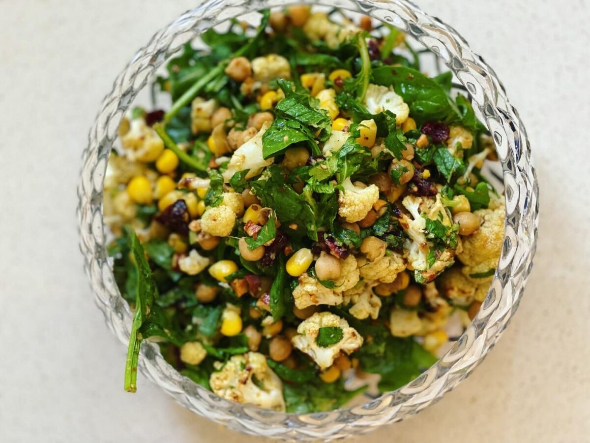 Grilled cauliflower salad with chickpeas and herbs