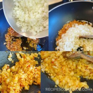 stir-fry onion with garlic, ginger and chili sauce