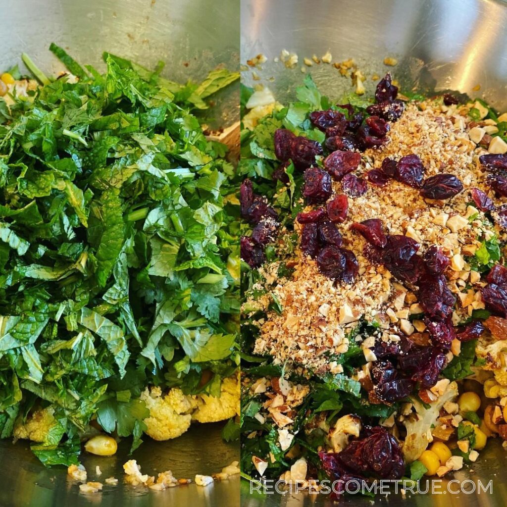 Add herbs, cranberries and almonds into the bowl