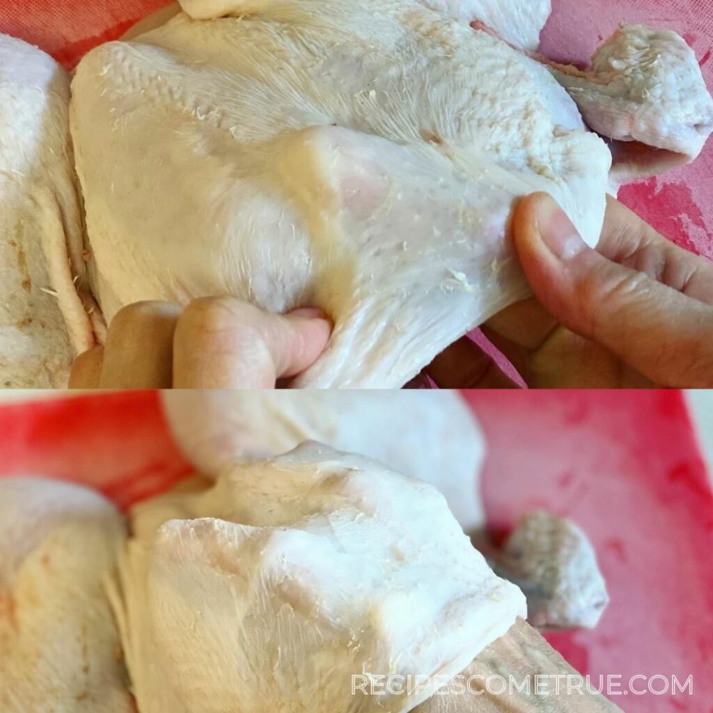 Separate the skin from the meat of the chicken.