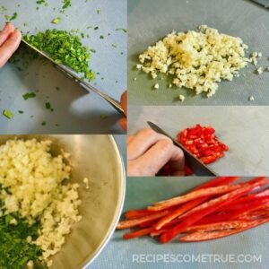 chopped kafir lime leaves, garlic and chilli