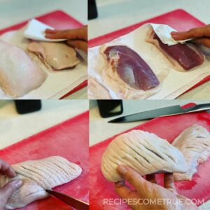 score 5mm wide slits in the skin of the duck