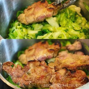 place the pork on top of the cabbage