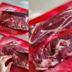 cutting pork neck in half lengthways